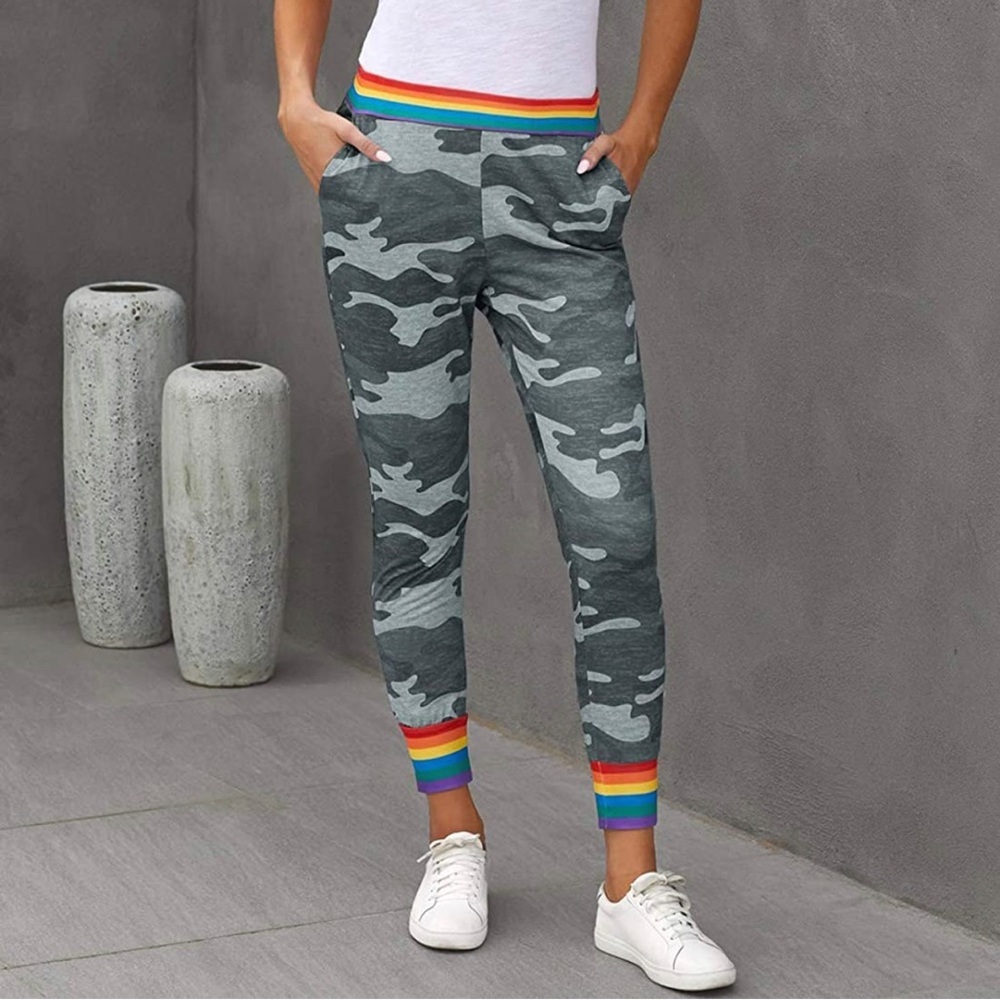 Women Rainbow Stripe Camo Joggers Yoga Pants Drawstring Waist Pants with Pocket - Picture 1 of 5